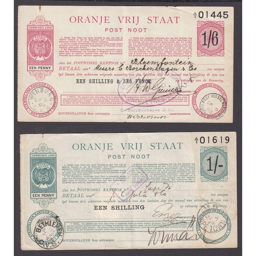 58 - A collection of x6 Orange Free State used Postal Orders from 1898 to 1899, with values from 1/- to £... 