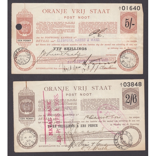 58 - A collection of x6 Orange Free State used Postal Orders from 1898 to 1899, with values from 1/- to £... 
