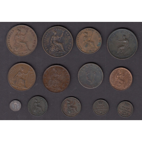 119 - A group of x13 UK mainly 19th Century coins, including 1843/1844 Half Farthings and 1772 silver penn... 