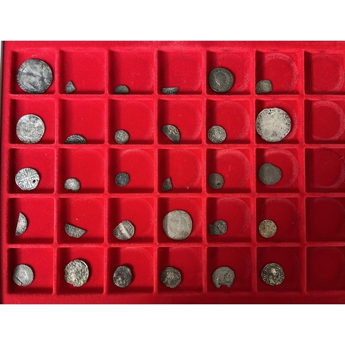 129 - A Lindner coin tray with an accumulation of mostly hammered (many clipped) and Roman coins including... 