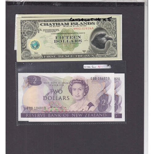104 - A group of x7 uncirculated consecutive banknotes including 1999 Chatham Islands x5 and New Zealand $... 