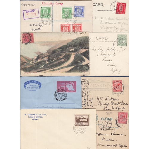 495 - A small quantity of chiefly pre 1940s postcards and covers all bearing varied Channel Islands postma... 