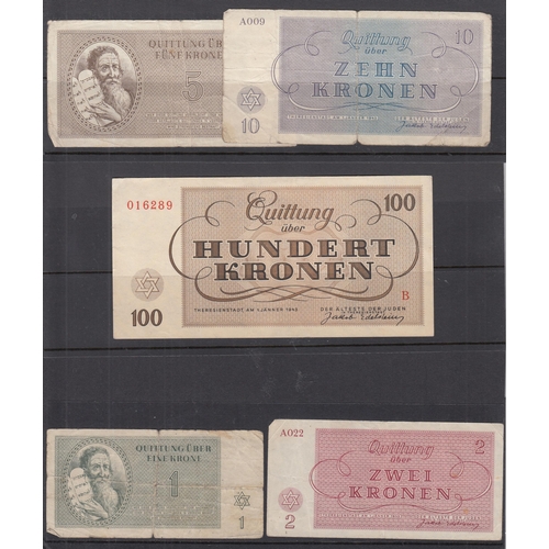 45 - A group of x7 1943 Theresienstadt Ghetto banknotes, from 1Kr to 100Kr, generally good condition
