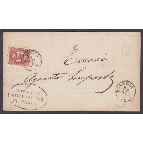 1876 cover sent from Perugia affixed by 2c postage due, with agents receiving mark