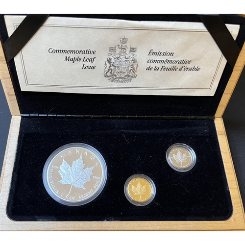 244 - Canada 1989 Commemorative Maple Leaf 3-coin set, comprising $5 silver coin, $5 1/10th oz Platinum co... 