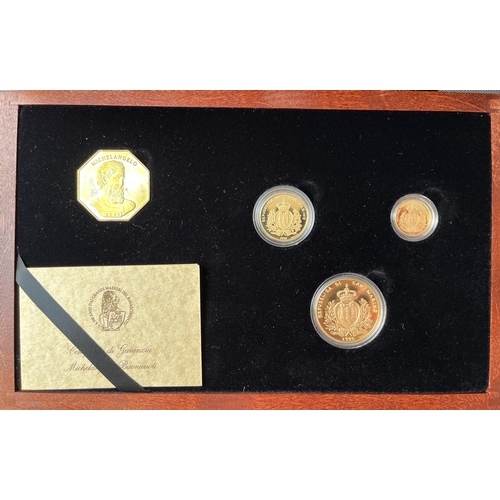 36 - 1996-97 San Marino Gold Proof cased three-coin Michelangelo set. 5 Scudi, 2 Scudi and 1 Scudi, with ... 