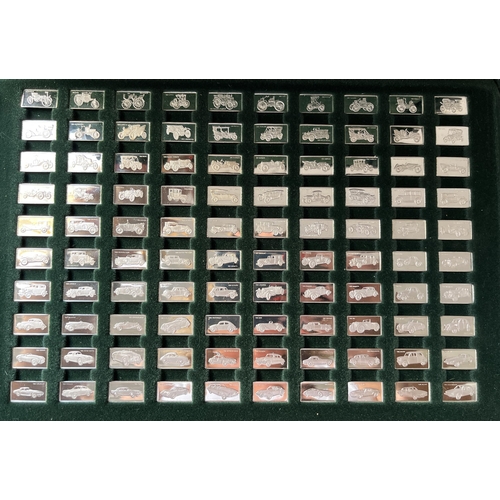 37 - The 100 Greatest Cars silver miniature ingot (weight 150g) collection by Pinches boxed and Elizabeth... 