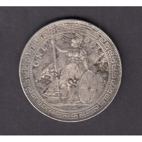 43 - Great Britain 1898 silver Trade One Dollar coin countermarked with various Chinese Chop characters.