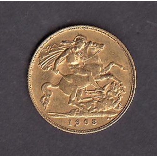 18 - UK 1908 gold half sovereign, in good condition