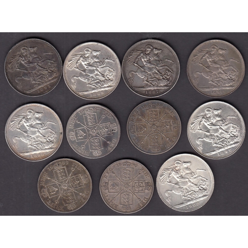 166 - A group of x11 UK silver coins, including 4/- x4 (1887/1888/1889/1890) and 5/- x7 (1887/1888/1889/18... 