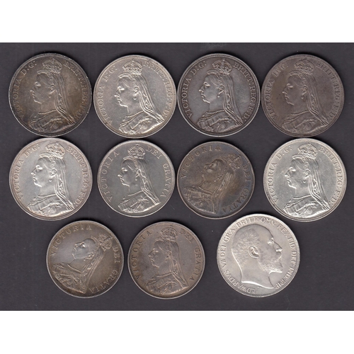 166 - A group of x11 UK silver coins, including 4/- x4 (1887/1888/1889/1890) and 5/- x7 (1887/1888/1889/18... 