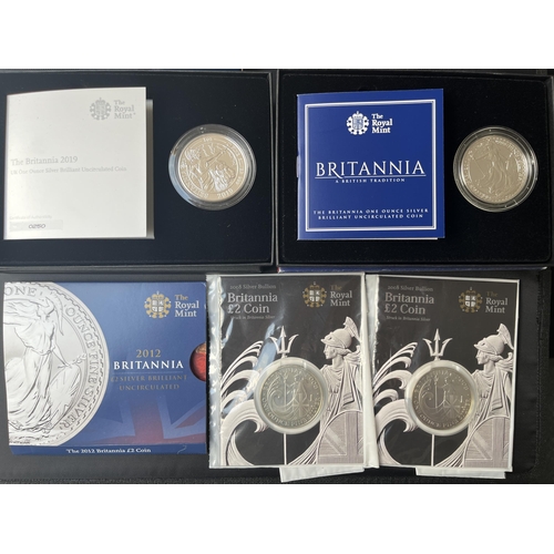 168 - A group of x5 UK silver Britannia coins in flat packs and boxed (2008x2/2012/2015/2019), in good con... 