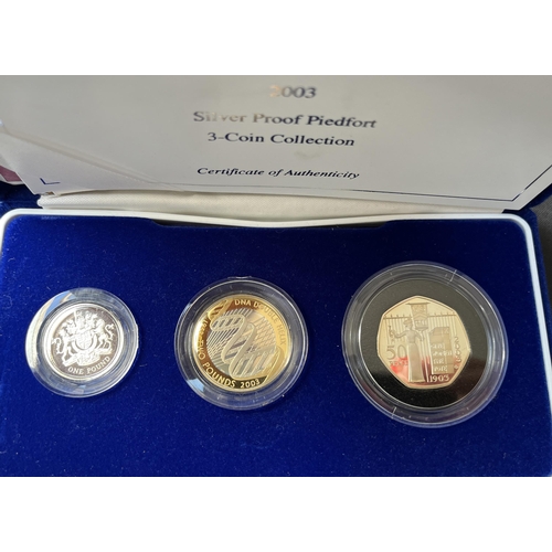 183 - A collection of x3 UK RM boxed silver sets, including 2003 3-Coin Silver Proof Piedfort set, 2006 Si... 