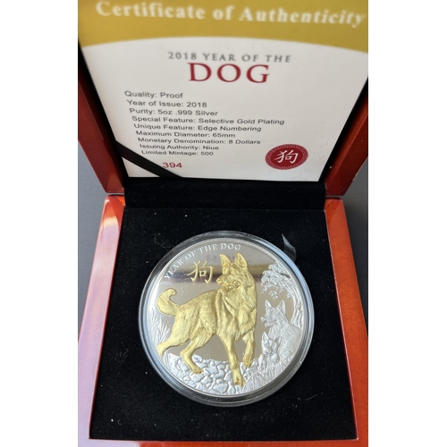 147 - Niue Year of the Dog 2018 5oz silver proof $8 coin, limited edition of 500, boxed with CoA