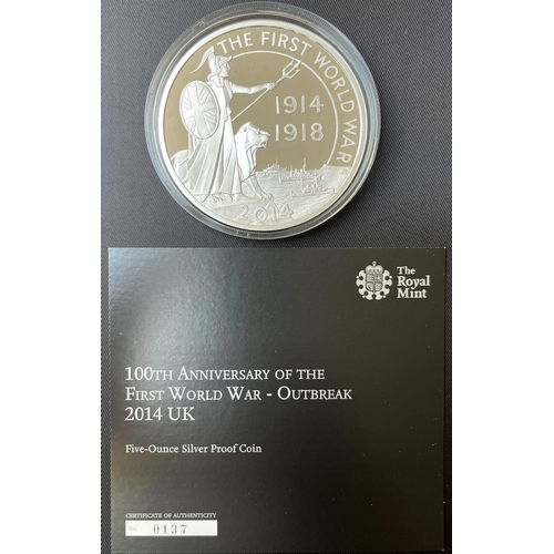 153 - UK 2014 100th Anniversary of the Outbreak of WWI £10 5oz Proof Silver coin, boxed with CoA