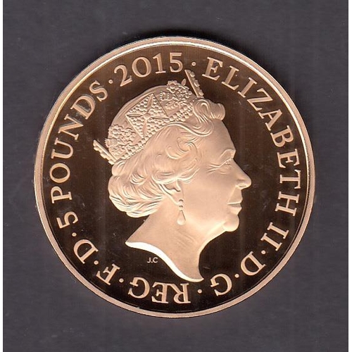 221 - UK 2015 Gold Brilliant Uncirculated £5 coin, boxed with CoA