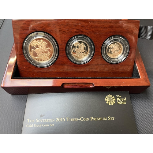 126 - UK 2015 Gold Proof Sovereign Premium Three-Coin Collection, comprising of ½ Sovereign, Sovereign and... 