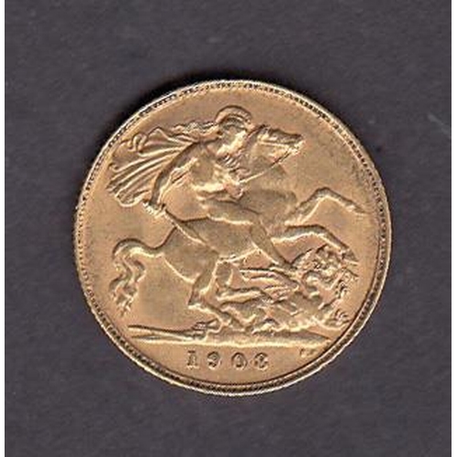 26 - UK 1908 gold half Sovereign, in good condition