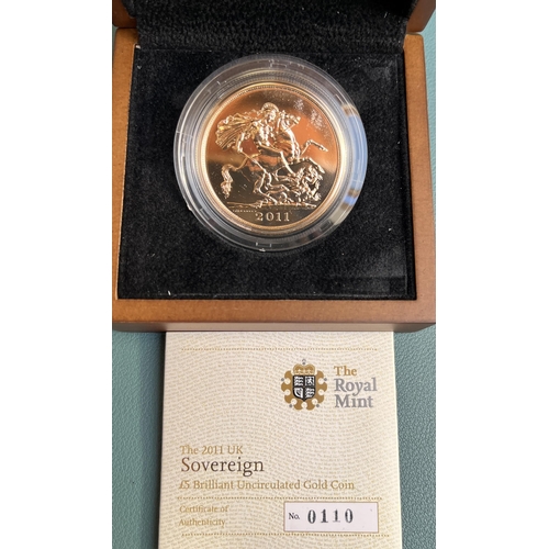 2 - UK 2011 £5 (Sovereign) Brilliant Uncirculated Gold Coin, boxed with CoA