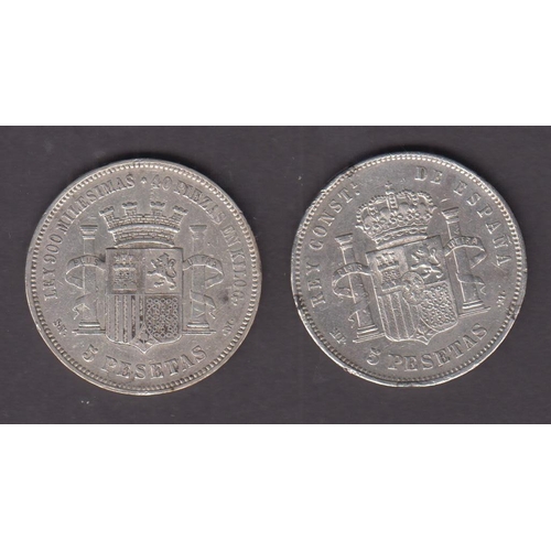 26 - A pair of Spanish silver 5 Pesetas coins for 1870 & 1888, in mixed condition including mount marks