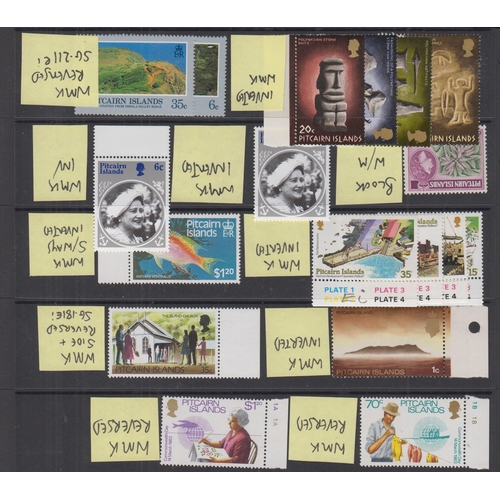 857 - A collection of Pitcairn Islands error and varieties in packets and on stock cards, noted