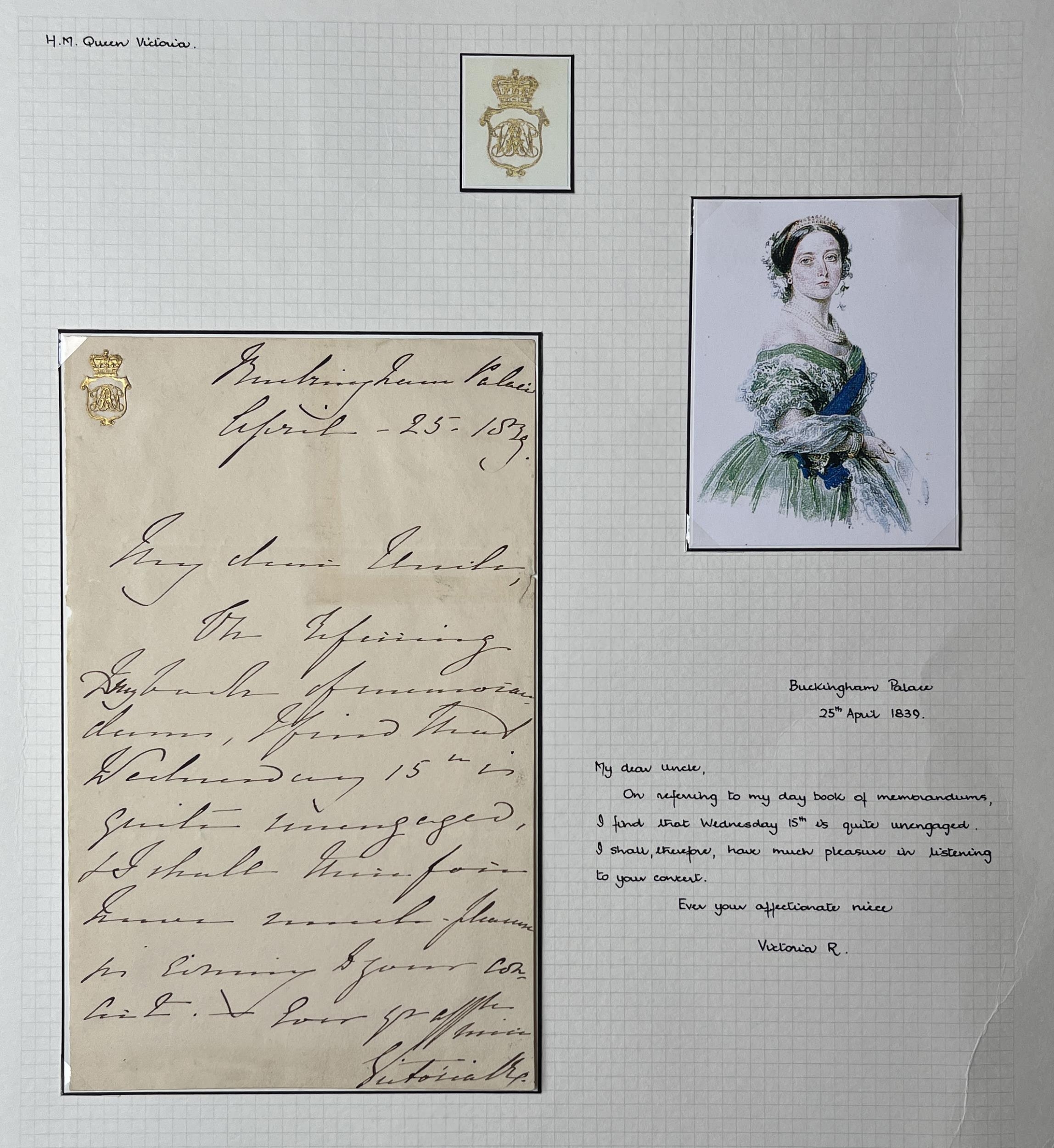 1839 handwritten letter by Queen Victoria, from Buckingham Palace 25 April  1839 to her Uncle, in goo