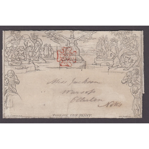 686 - 1840 1d Mulready Stereo A16, with red Maltese Cross cancel, sent May 24th, 1840.