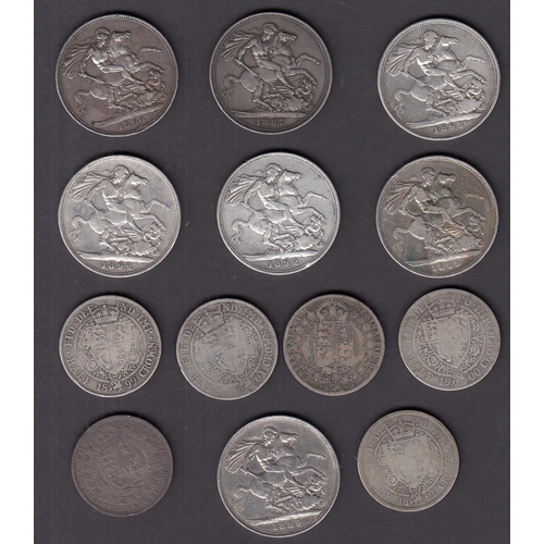 136 - A collection of x7 silver QV Crowns and x6 silver Half crowns, mixed condition