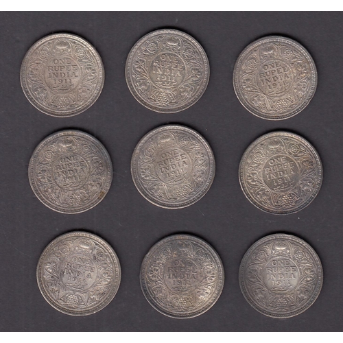 112 - India 1911 x9 silver 1 Rupee coins, including x3 Bombay Mint, in good to fine condition