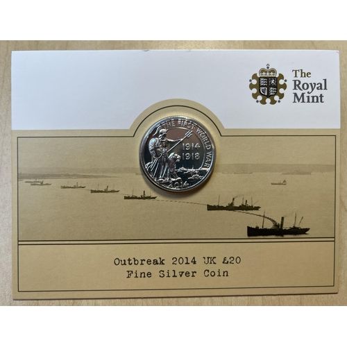 275 - UK 2014 x9 Outbreak WWI silver £20 coins, in original RM flat packs