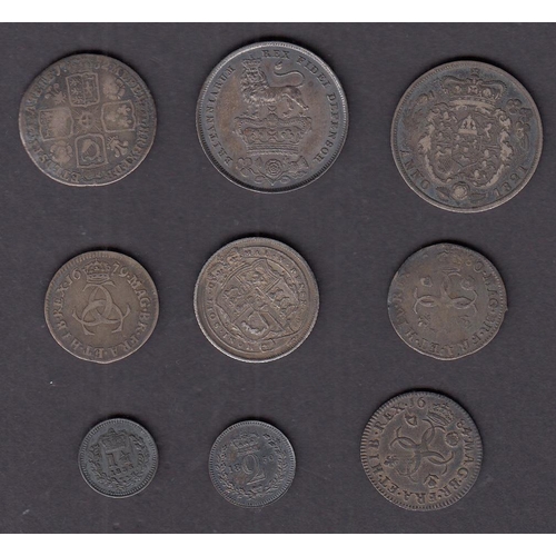 77 - A group of x9 UK silver coins, including 1679 3d & 1684 4d, 1825 1/- and 1835 1 ½d, mixed condition