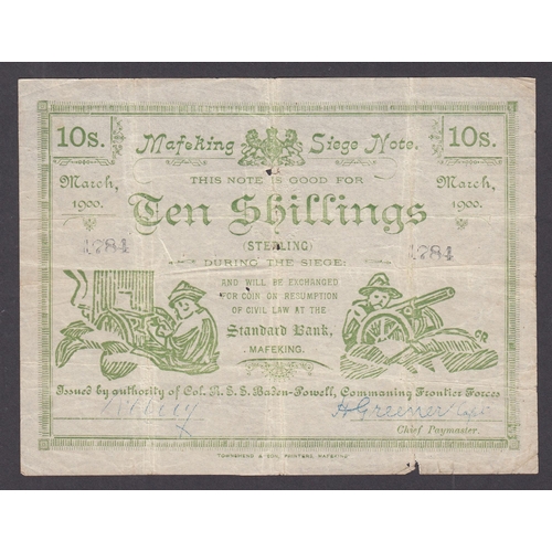 266 - South Africa 10 shillings Mafeking Siege note, 1900 signed R. Urry (bank manager) & Capt. Greener (p... 