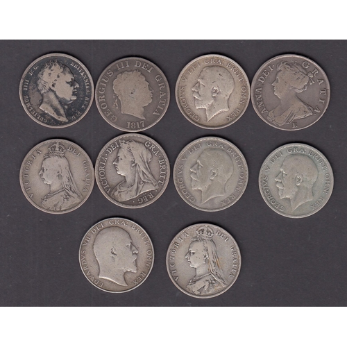 17 - A group of x10 UK silver Half Crowns, including 1707/ 1817/ 1836/ 1887/ 1892/ 1900/1907/1915/1928/19... 