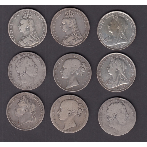 250 - A group of x9 UK silver Crowns, including 1819 x2/ 1822/ 1844 x2/ 1889/ 1890/ 1895/ 1900, condition ... 