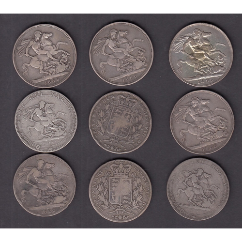 250 - A group of x9 UK silver Crowns, including 1819 x2/ 1822/ 1844 x2/ 1889/ 1890/ 1895/ 1900, condition ... 