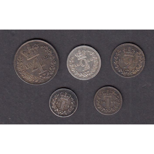 251 - A group of x5 UK Maundy coins, including 1d x2 1862/1864, 2d x2 1838/1862 & 4d 1862, plus empty box