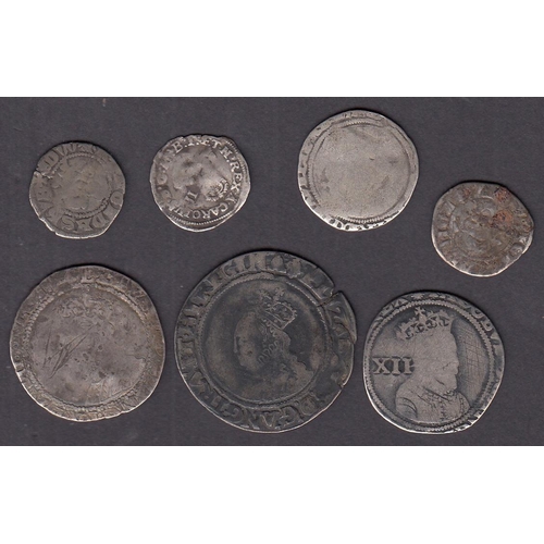 254 - A group of x7 UK silver hammered coins, including Edward I Penny x2, Elizabeth I 6d & Shilling x2, J... 