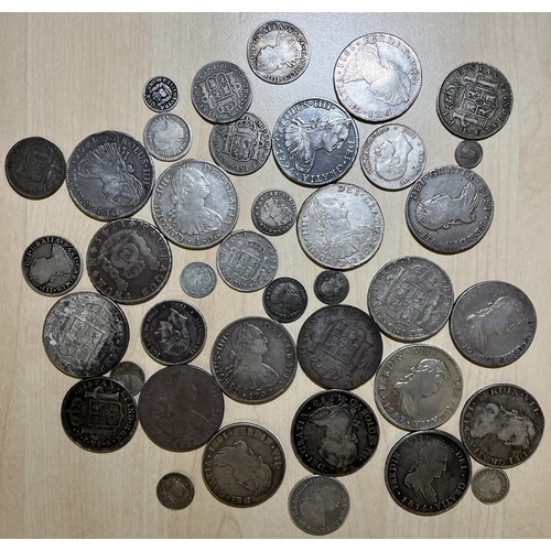 6 - A collection of x39 Spanish Colonial circulated silver coins from the 18th & 19th Century, from ¼ Re... 