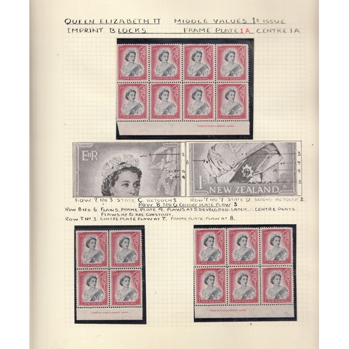 659 - 1953 QEII specialised collection of (primarily) the 1/- value in mint plate blocks in album, with fl... 