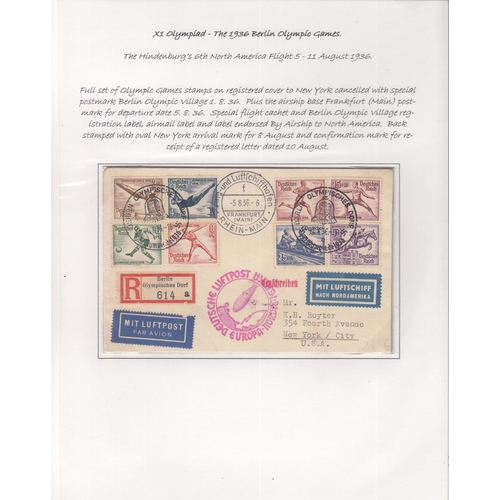 413 - 1936 Berlin Olympics group of 15 Hindenburg Zeppelin covers written up on pages, 3 with the Olympic ... 