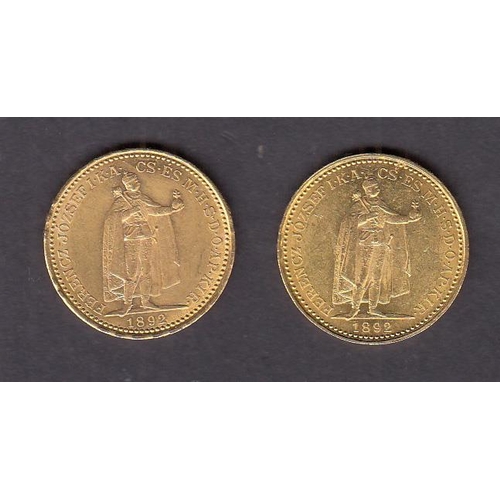 26 - Hungary 1892 gold 20 Korona coin x2, in good condition