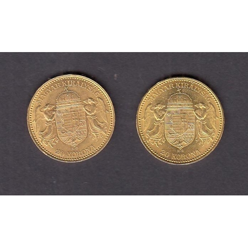 26 - Hungary 1892 gold 20 Korona coin x2, in good condition