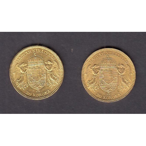 27 - Hungary 1893 gold 20 Korona coin x2, in good condition