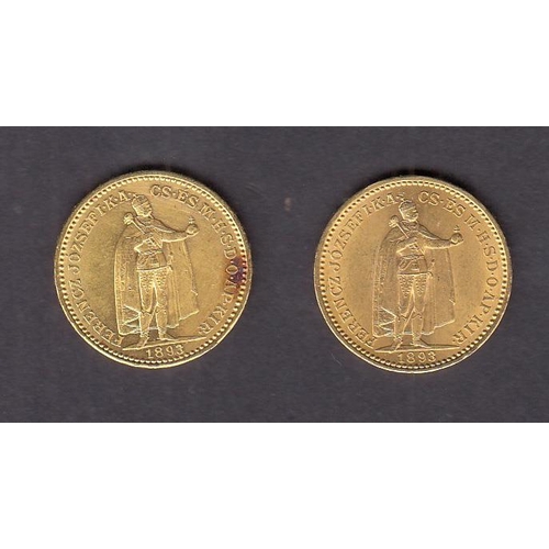 27 - Hungary 1893 gold 20 Korona coin x2, in good condition