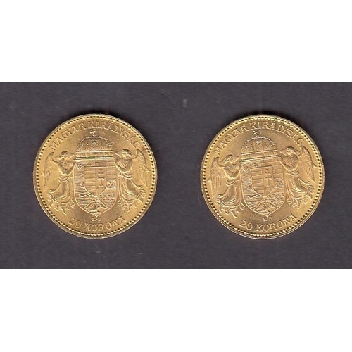 28 - Hungary 1894 gold 20 Korona coin x2, in good condition