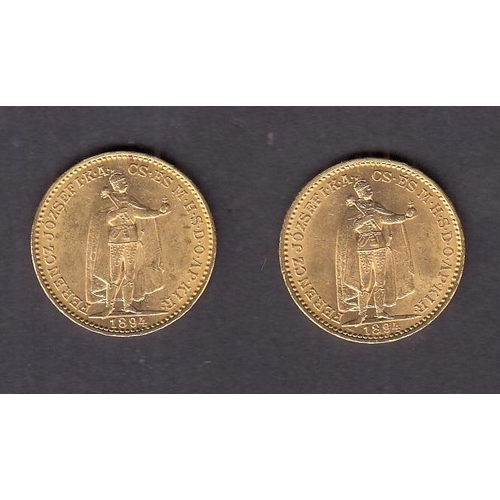 28 - Hungary 1894 gold 20 Korona coin x2, in good condition