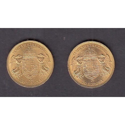 29 - Hungary 1895 gold 20 Korona coin x2, in good condition