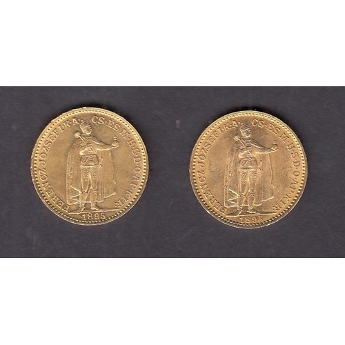 29 - Hungary 1895 gold 20 Korona coin x2, in good condition