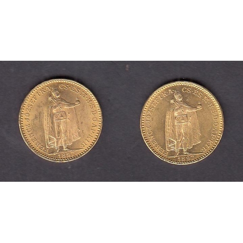 6 - Hungary 1897 gold 20 Korona coin x2, in good condition