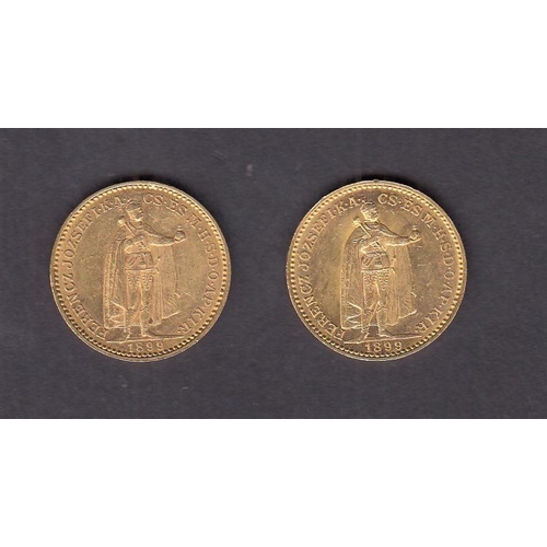 8 - Hungary 1899 gold 20 Korona coin x2, in good condition